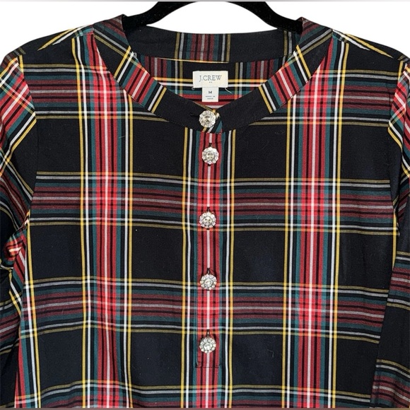 J. CREW Jeweled Button Popover Top Stewart Tartan Plaid Long Sleeve Stretch M - Picture 5 of 12